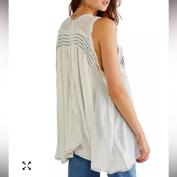 Free People Cream Smocked Boho Blouse XS Embroidered Swing Top Sleeveless - Picture 2 of 12